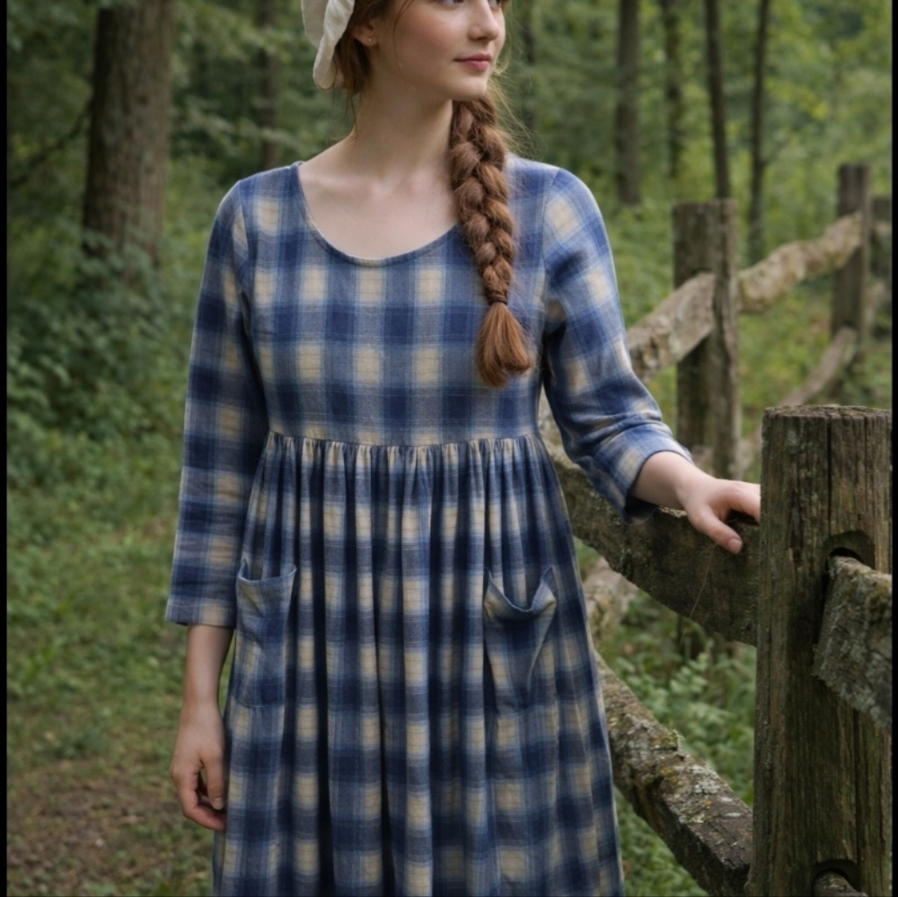 Vtg Blue Plaid Flannel Scoop Neck Long Dress Size Large Pockets
